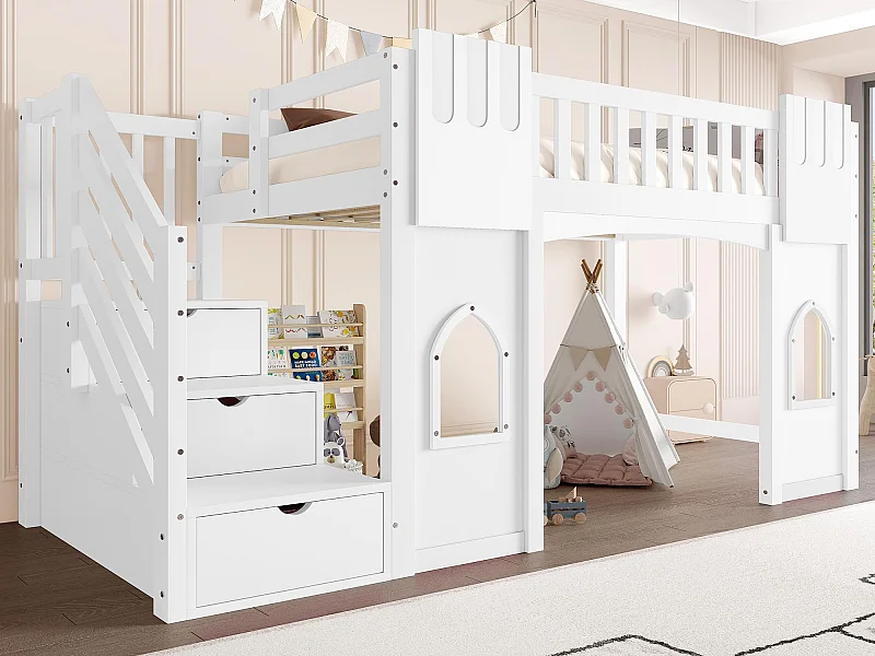 Lit mezzanine 90x200 cm - avec escalier de rangement - avec fenêtres décoratives - avec barrière de sécurité - MDF - Blanc