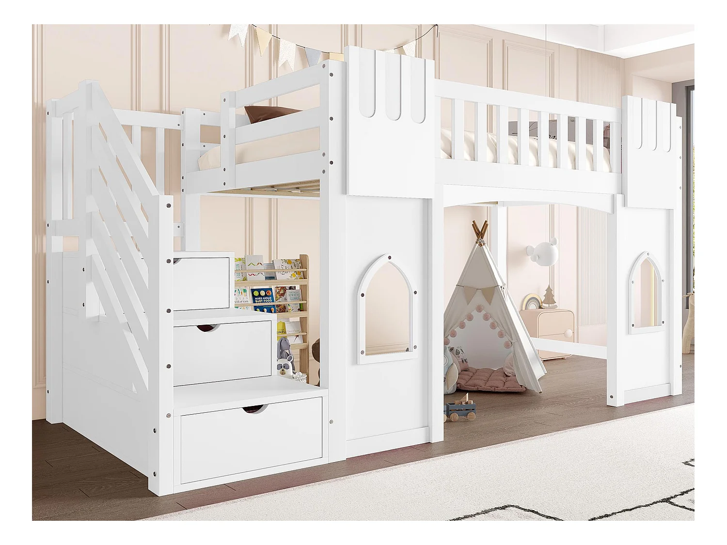 Lit mezzanine 90x200 cm - avec escalier de rangement - avec fenêtres décoratives - avec barrière de sécurité - MDF - Blanc