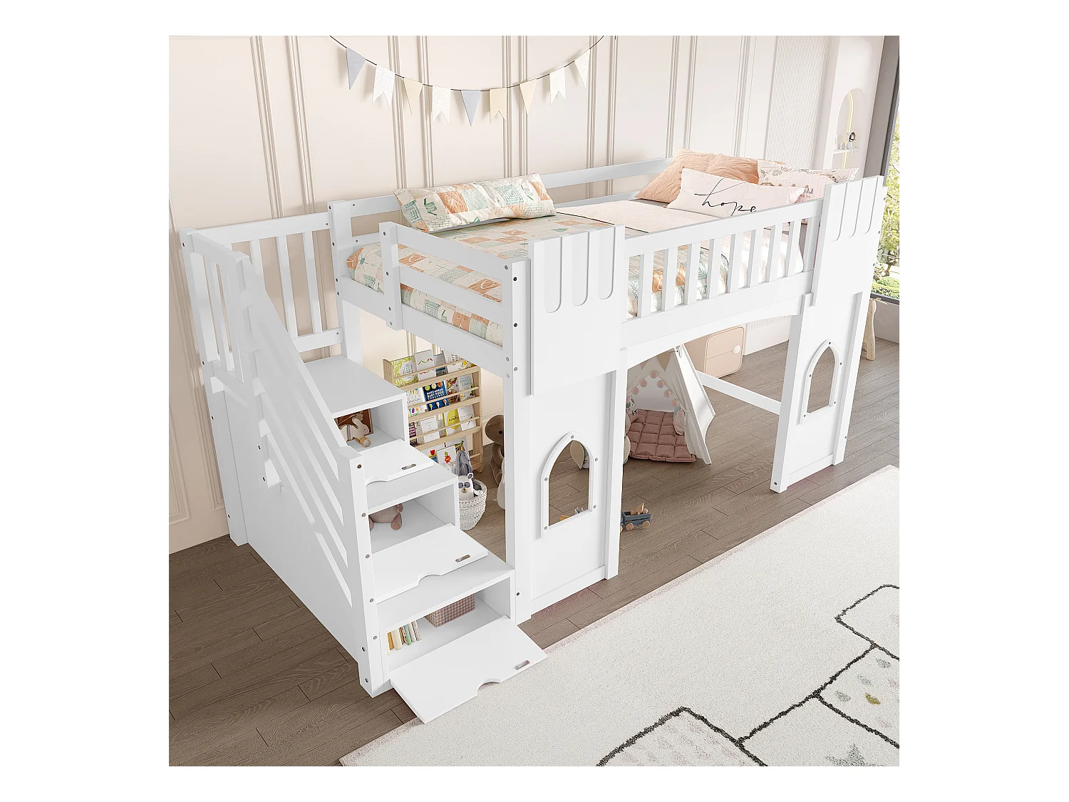 Lit mezzanine 90x200 cm - avec escalier de rangement - avec fenêtres décoratives - avec barrière de sécurité - MDF - Blanc