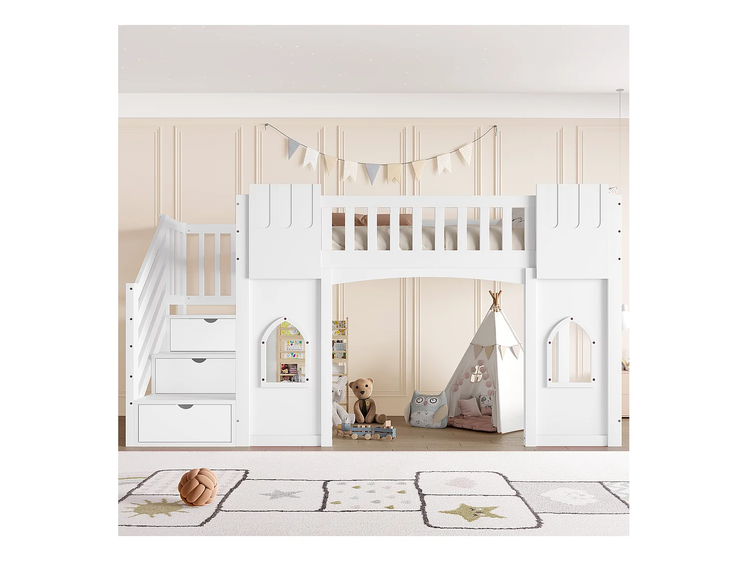 Lit mezzanine 90x200 cm - avec escalier de rangement - avec fenêtres décoratives - avec barrière de sécurité - MDF - Blanc