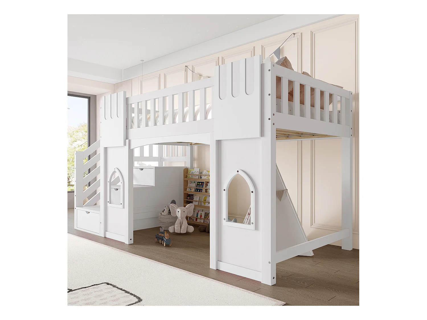 Lit mezzanine 90x200 cm - avec escalier de rangement - avec fenêtres décoratives - avec barrière de sécurité - MDF - Blanc