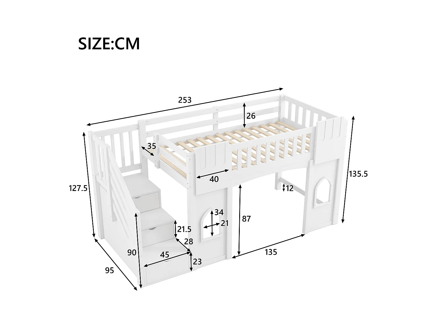 Lit mezzanine 90x200 cm - avec escalier de rangement - avec fenêtres décoratives - avec barrière de sécurité - MDF - Blanc