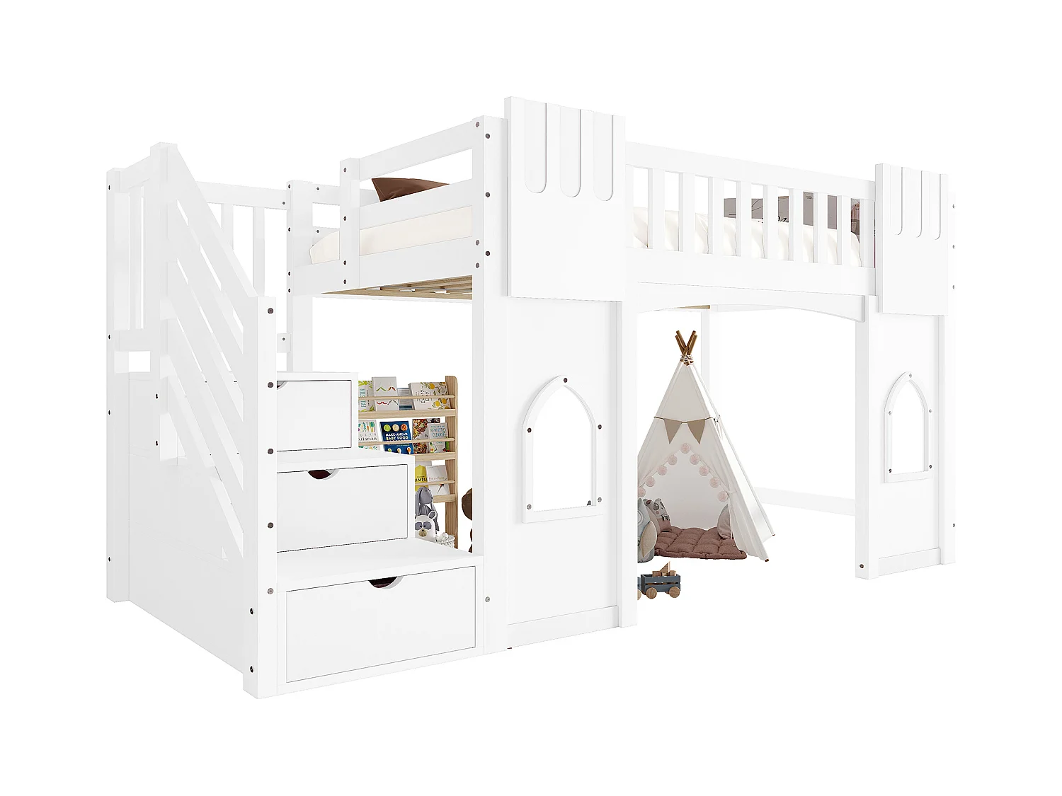 Lit mezzanine 90x200 cm - avec escalier de rangement - avec fenêtres décoratives - avec barrière de sécurité - MDF - Blanc