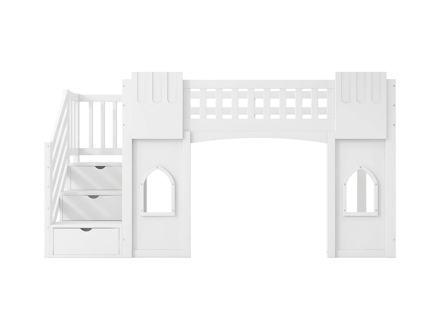 Lit mezzanine 90x200 cm - avec escalier de rangement - avec fenêtres décoratives - avec barrière de sécurité - MDF - Blanc