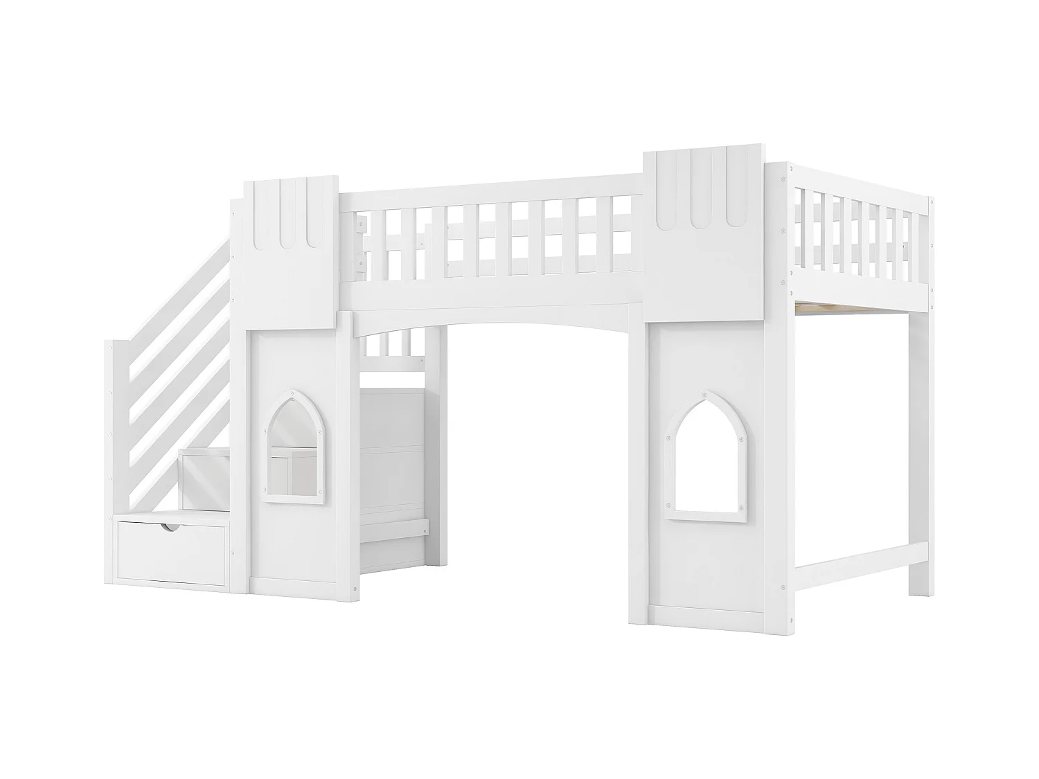 Lit mezzanine 90x200 cm - avec escalier de rangement - avec fenêtres décoratives - avec barrière de sécurité - MDF - Blanc