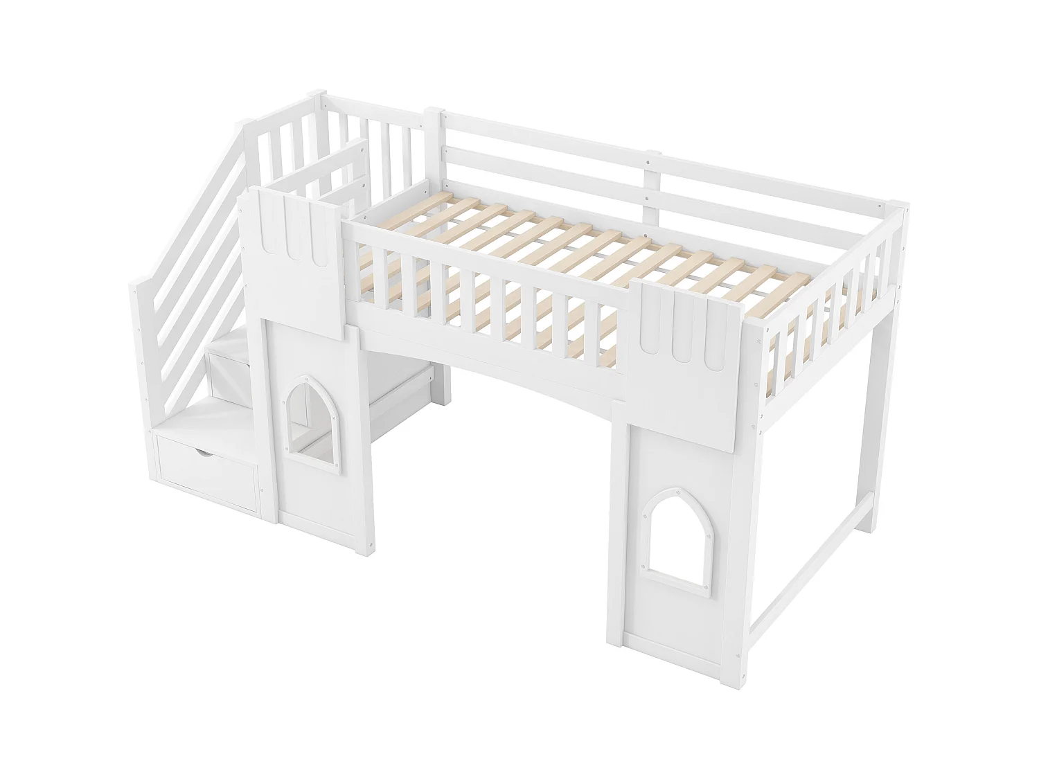 Lit mezzanine 90x200 cm - avec escalier de rangement - avec fenêtres décoratives - avec barrière de sécurité - MDF - Blanc