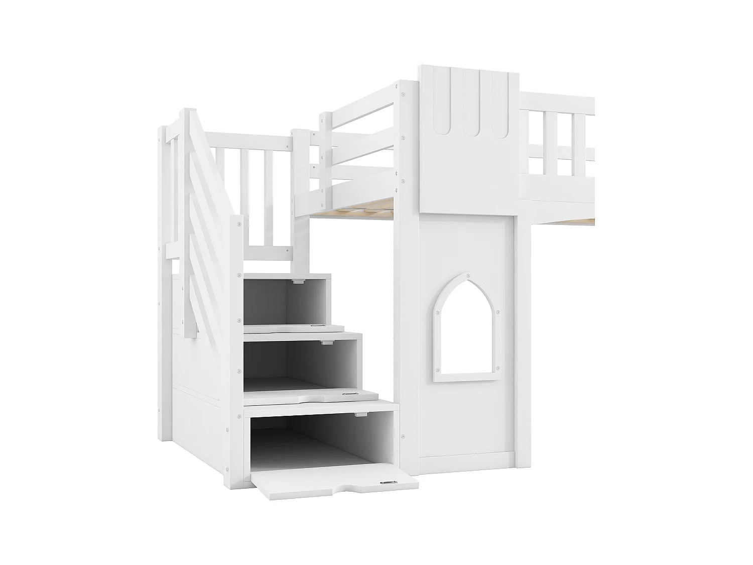 Lit mezzanine 90x200 cm - avec escalier de rangement - avec fenêtres décoratives - avec barrière de sécurité - MDF - Blanc