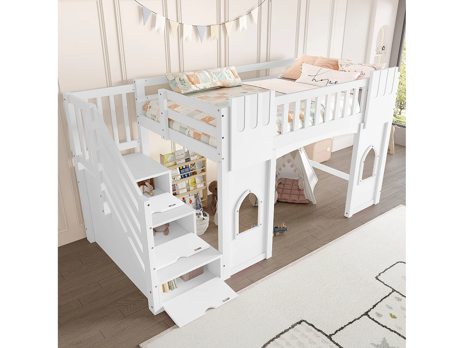 Lit mezzanine 90x200 cm - avec escalier de rangement - avec fenêtres décoratives - avec barrière de sécurité - MDF - Blanc