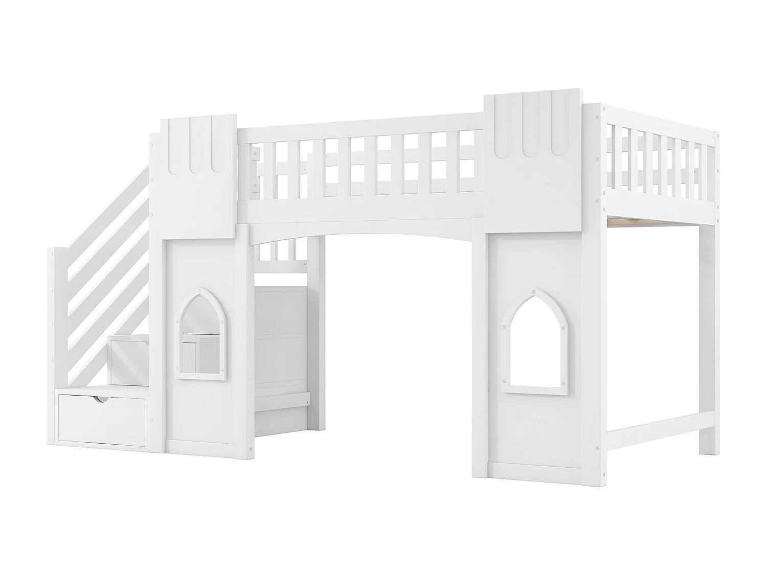 Lit mezzanine 90x200 cm - avec escalier de rangement - avec fenêtres décoratives - avec barrière de sécurité - MDF - Blanc