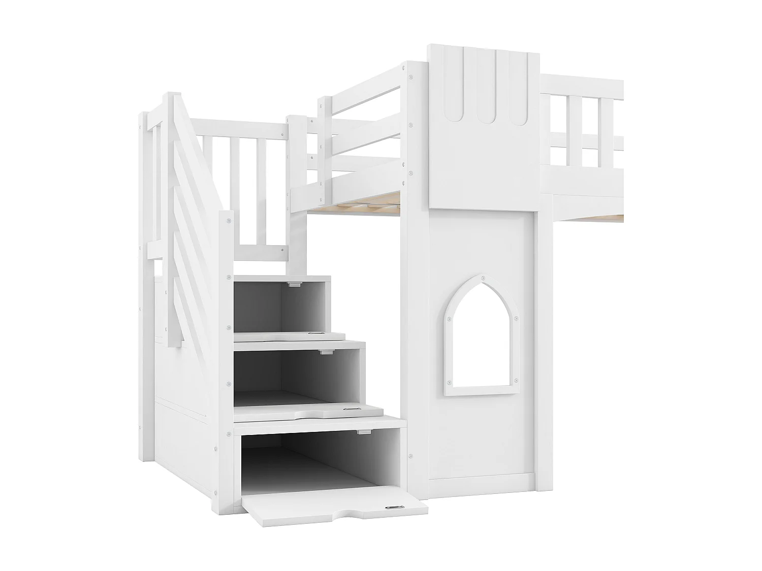 Lit mezzanine 90x200 cm - avec escalier de rangement - avec fenêtres décoratives - avec barrière de sécurité - MDF - Blanc