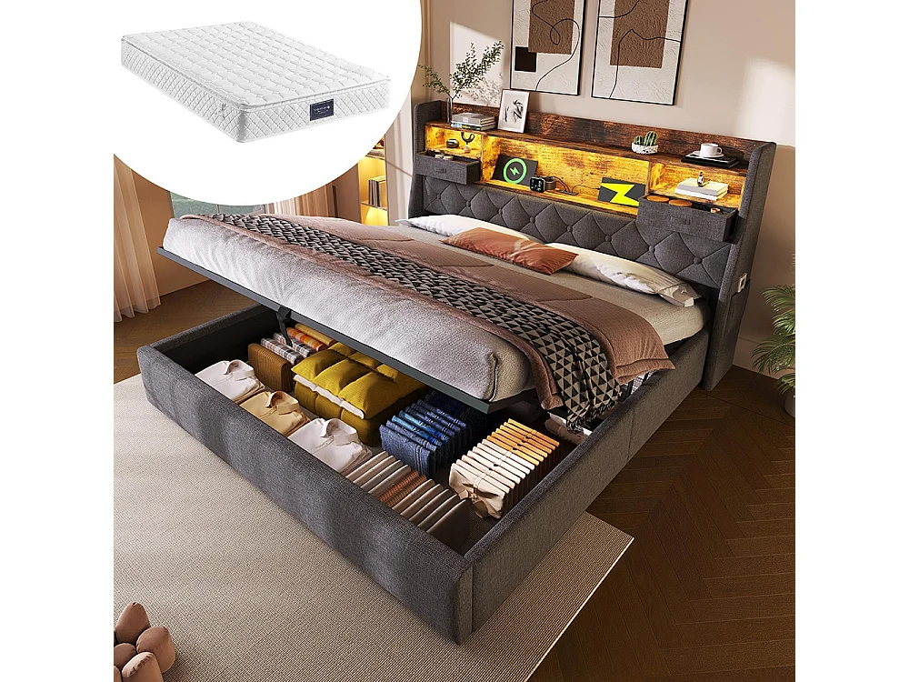Lit coffre rembourré 140x200 cm espace rangement hydraulique tête lit LED 4 stations recharge USB Type-C double sommier lattes tissu lin gris avec matelas