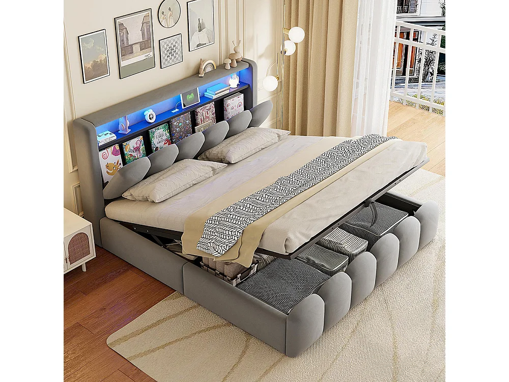 Lit coffre rembourré 180x200 avec rangement hydraulique tête de lit velours ports USB Type C LED motif pétales gris
