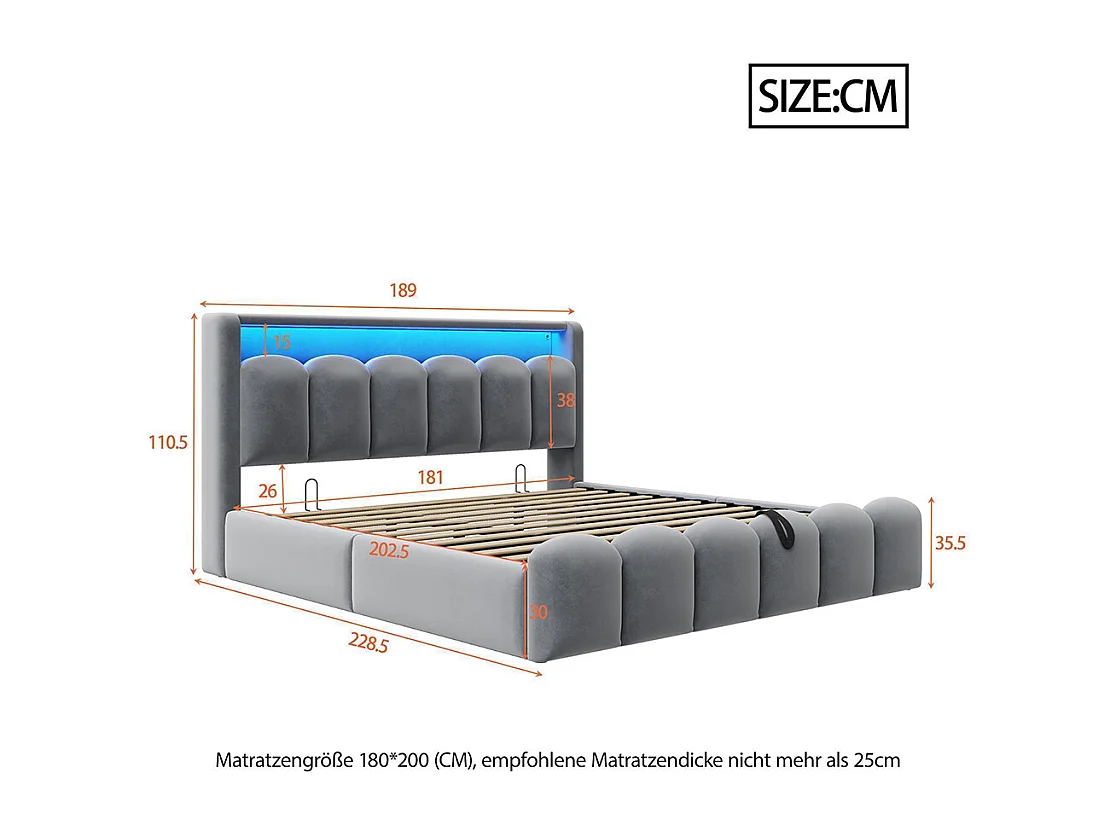 Lit coffre rembourré 180x200 avec rangement hydraulique tête de lit velours ports USB Type C LED motif pétales gris