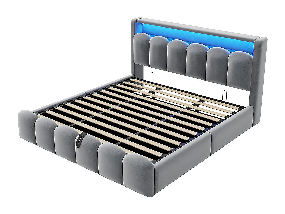Lit coffre rembourré 180x200 avec rangement hydraulique tête de lit velours ports USB Type C LED motif pétales gris