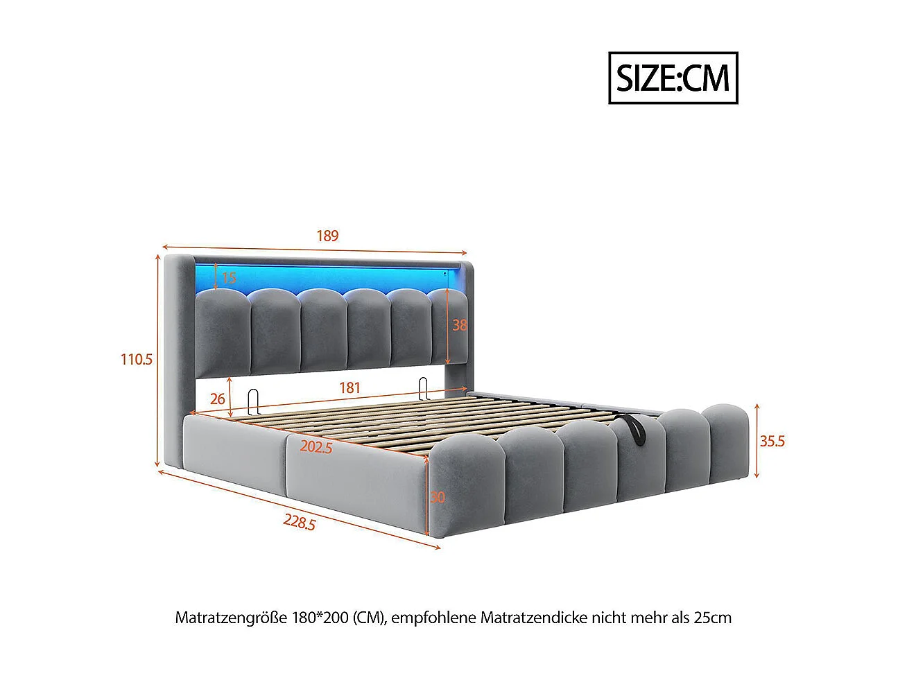 Lit coffre rembourré 180x200 avec rangement hydraulique tête de lit velours ports USB Type C LED motif pétales gris
