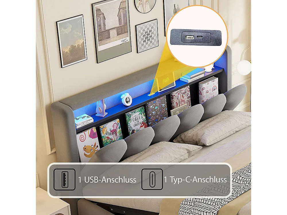 Lit coffre rembourré 180x200 avec rangement hydraulique tête de lit velours ports USB Type C LED motif pétales gris