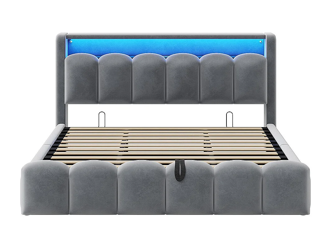Lit coffre rembourré 180x200 avec rangement hydraulique tête de lit velours ports USB Type C LED motif pétales gris