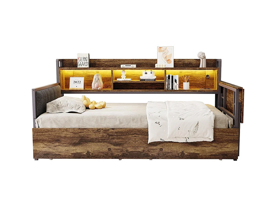 Lit combiné en fer 90x200 cm avec LED rangement tiroirs prise multifonctionnelle bureau rabattable dossier moelleux couleur bois