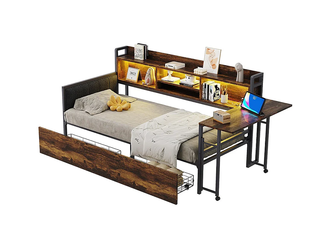 Lit combiné en fer 90x200 cm avec LED rangement tiroirs prise multifonctionnelle bureau rabattable dossier moelleux couleur bois