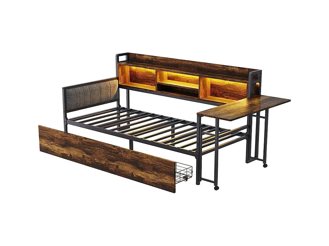 Lit combiné en fer 90x200 cm avec LED rangement tiroirs prise multifonctionnelle bureau rabattable dossier moelleux couleur bois