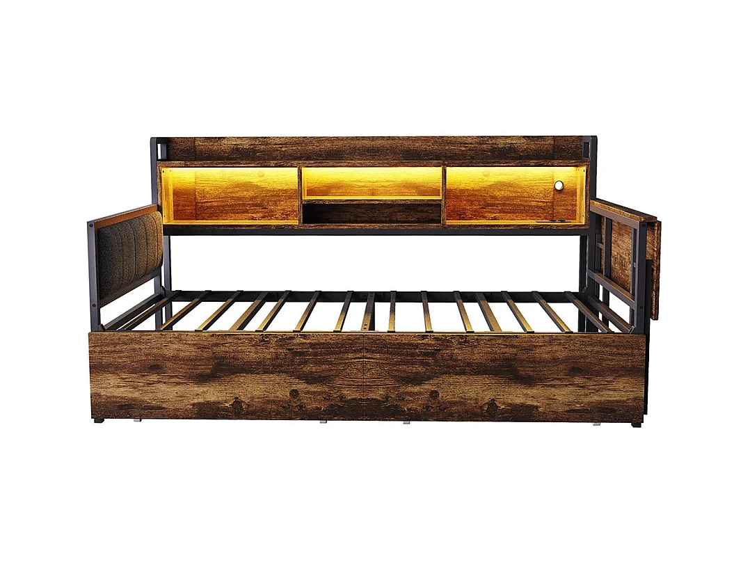 Lit combiné en fer 90x200 cm avec LED rangement tiroirs prise multifonctionnelle bureau rabattable dossier moelleux couleur bois