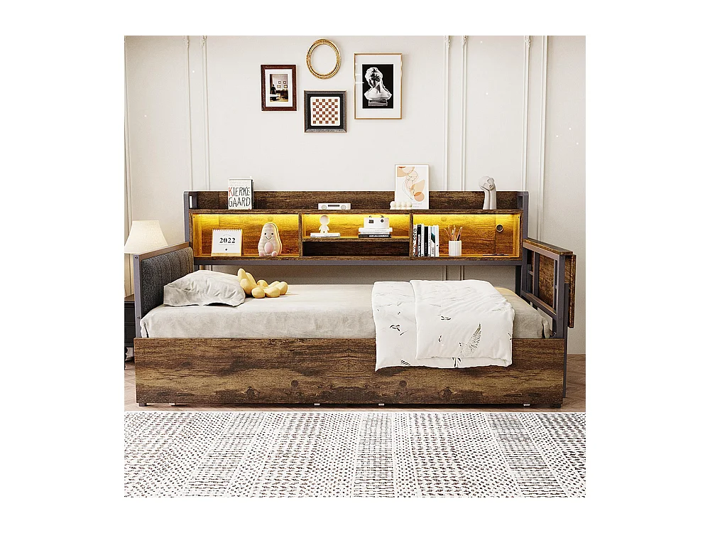 Lit combiné en fer 90x200 cm avec LED rangement tiroirs prise multifonctionnelle bureau rabattable dossier moelleux couleur bois