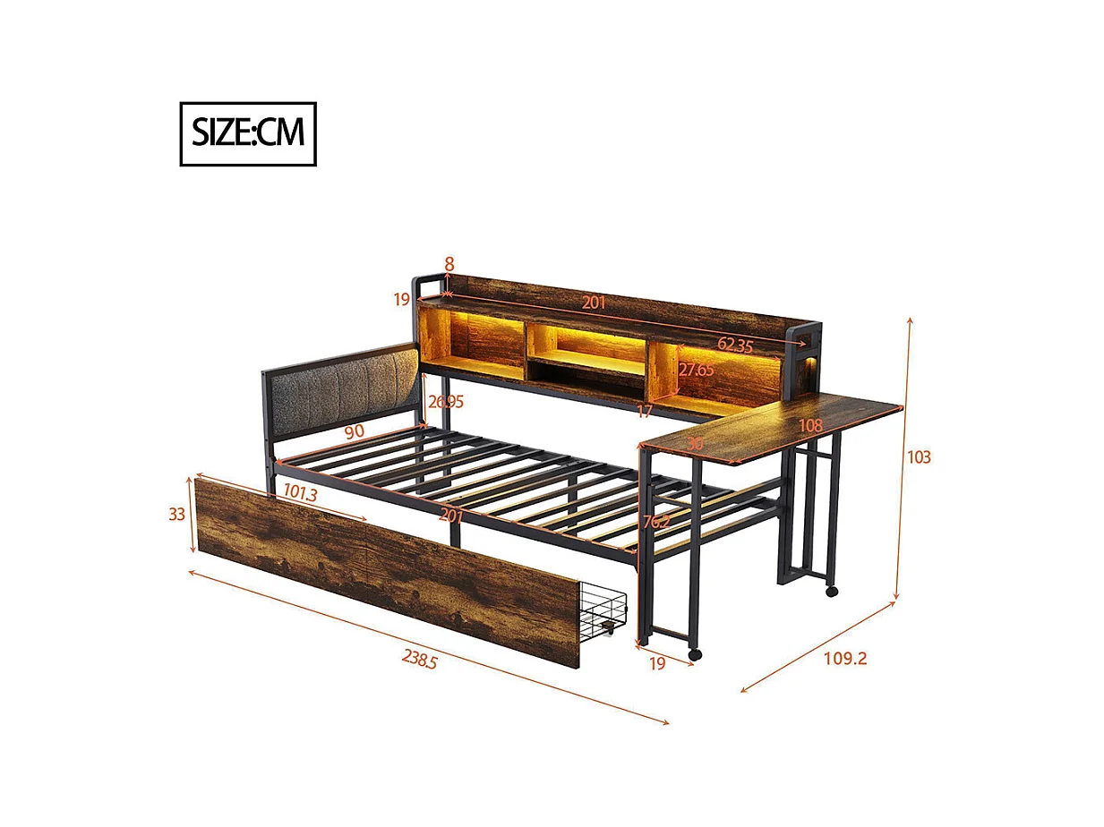 Lit combiné en fer 90x200 cm avec LED rangement tiroirs prise multifonctionnelle bureau rabattable dossier moelleux couleur bois