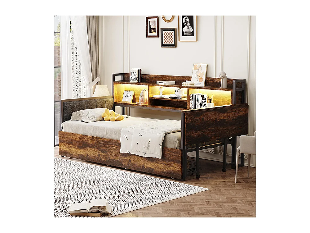 Lit combiné en fer 90x200 cm avec LED rangement tiroirs prise multifonctionnelle bureau rabattable dossier moelleux couleur bois