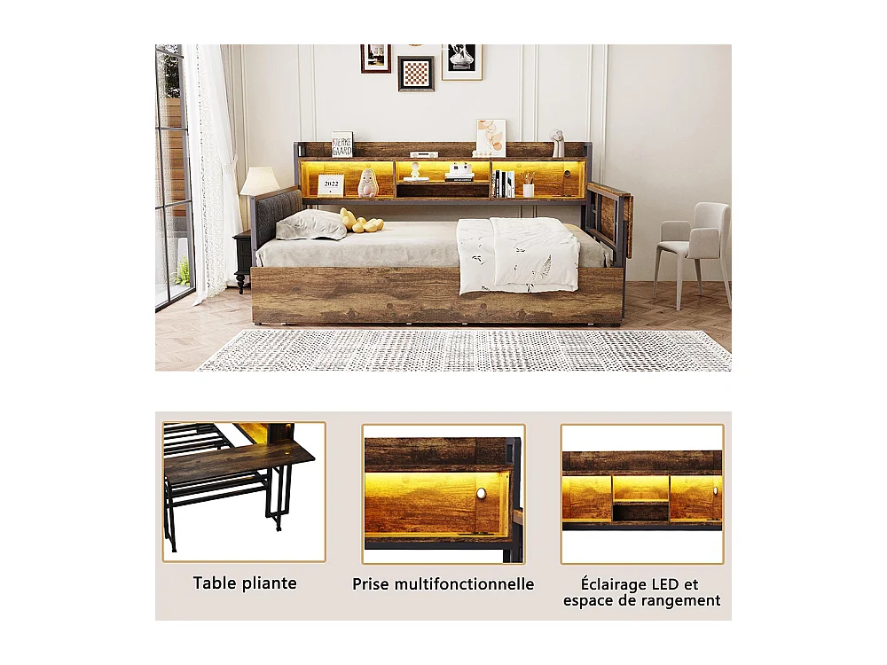 Lit combiné en fer 90x200 cm avec LED rangement tiroirs prise multifonctionnelle bureau rabattable dossier moelleux couleur bois