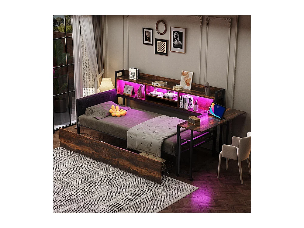 Lit combiné en fer 90x200 cm avec LED rangement tiroirs prise multifonctionnelle bureau rabattable dossier moelleux couleur bois