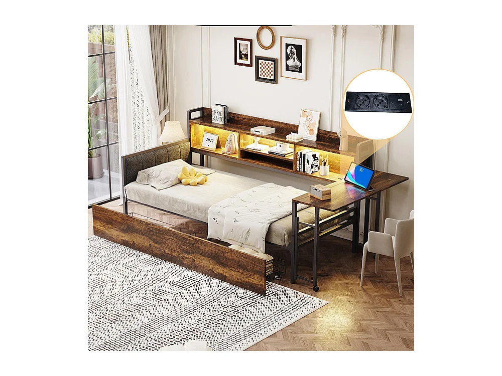 Lit combiné en fer 90x200 cm avec LED rangement tiroirs prise multifonctionnelle bureau rabattable dossier moelleux couleur bois