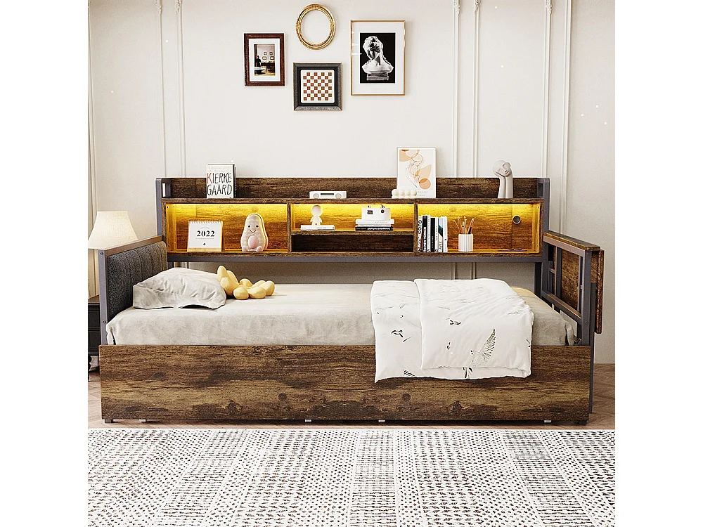 Lit combiné en fer 90x200 cm avec LED rangement tiroirs prise multifonctionnelle bureau rabattable dossier moelleux couleur bois