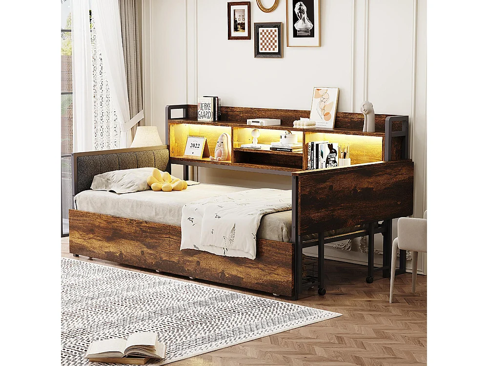 Lit combiné en fer 90x200 cm avec LED rangement tiroirs prise multifonctionnelle bureau rabattable dossier moelleux couleur bois