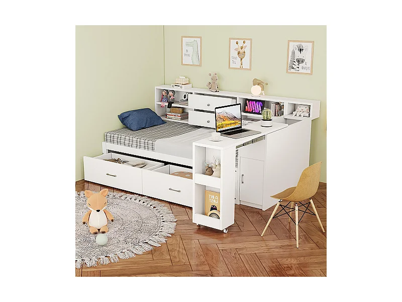 Lit combiné en bois 90x200 cm rangement multifonctionnel compartiments cachés 2 grands tiroirs prise multifonctionnelle bureau coulissant blanc