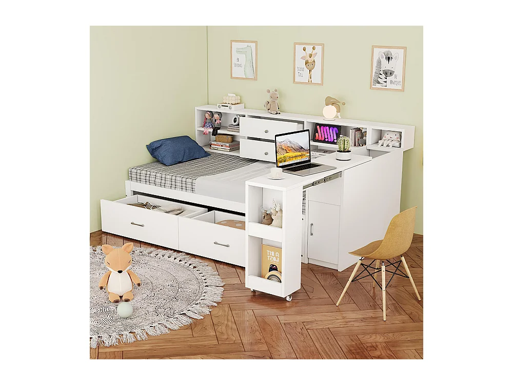 Lit combiné en bois 90x200 cm rangement multifonctionnel compartiments cachés 2 grands tiroirs prise multifonctionnelle bureau coulissant blanc
