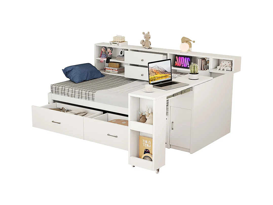 Lit combiné en bois 90x200 cm rangement multifonctionnel compartiments cachés 2 grands tiroirs prise multifonctionnelle bureau coulissant blanc