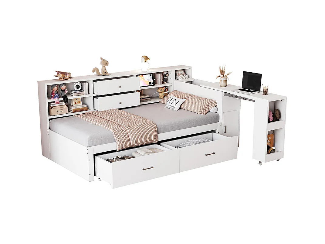 Lit combiné en bois 90x200 cm rangement multifonctionnel compartiments cachés 2 grands tiroirs prise multifonctionnelle bureau coulissant blanc