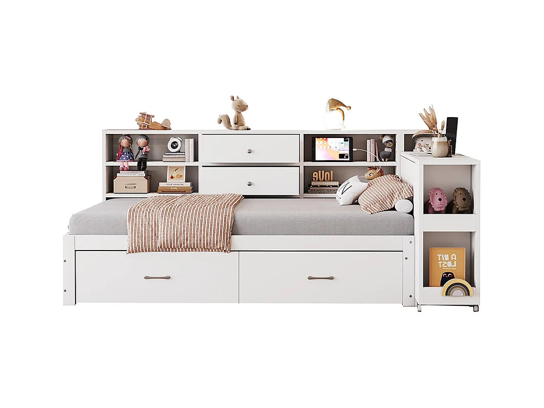 Lit combiné en bois 90x200 cm rangement multifonctionnel compartiments cachés 2 grands tiroirs prise multifonctionnelle bureau coulissant blanc