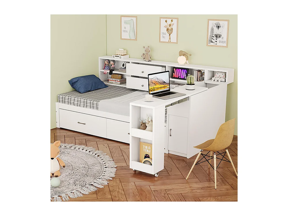 Lit combiné en bois 90x200 cm rangement multifonctionnel compartiments cachés 2 grands tiroirs prise multifonctionnelle bureau coulissant blanc