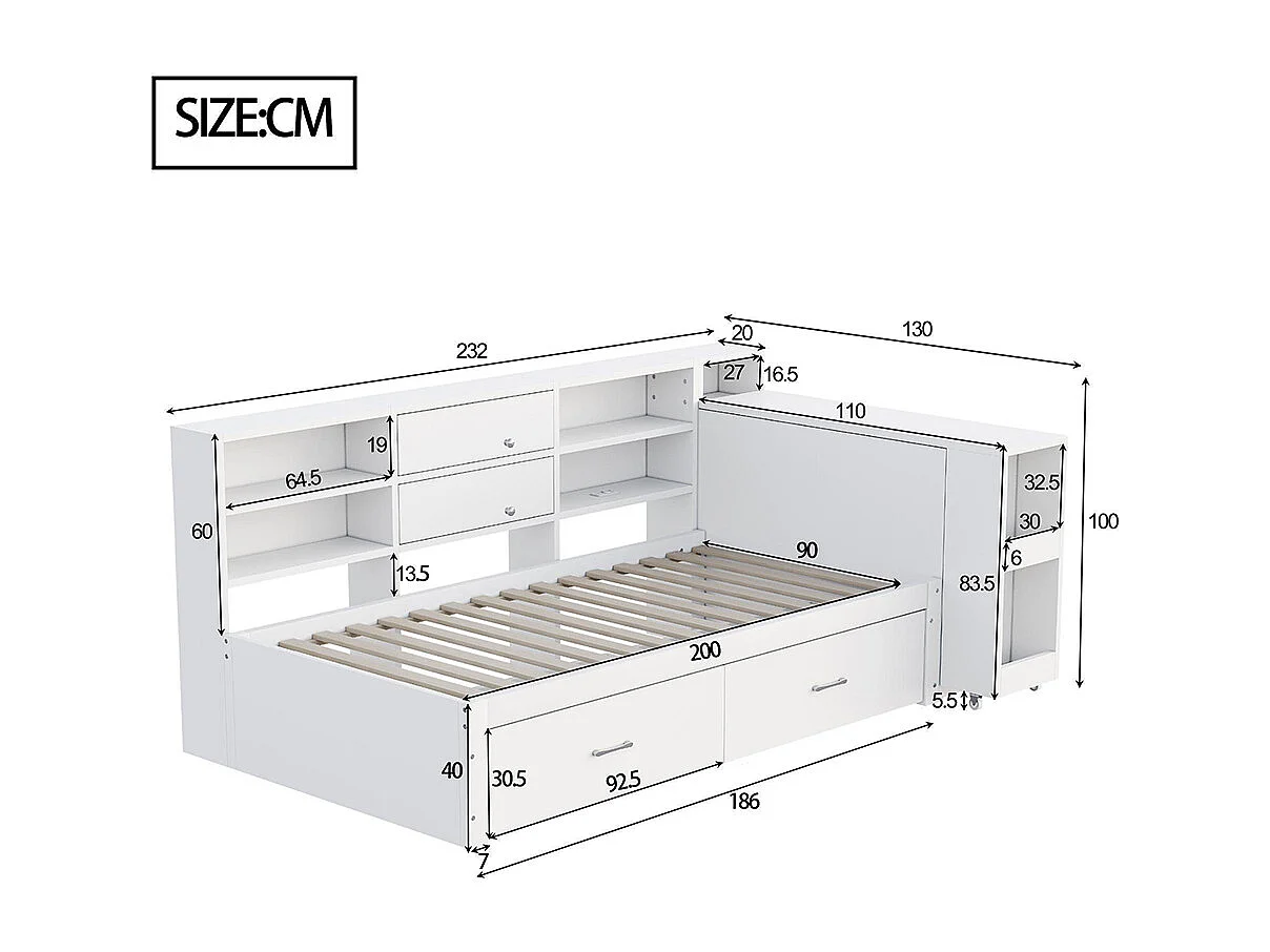 Lit combiné en bois 90x200 cm rangement multifonctionnel compartiments cachés 2 grands tiroirs prise multifonctionnelle bureau coulissant blanc