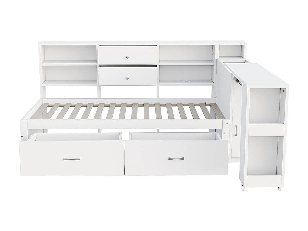 Lit combiné en bois 90x200 cm rangement multifonctionnel compartiments cachés 2 grands tiroirs prise multifonctionnelle bureau coulissant blanc