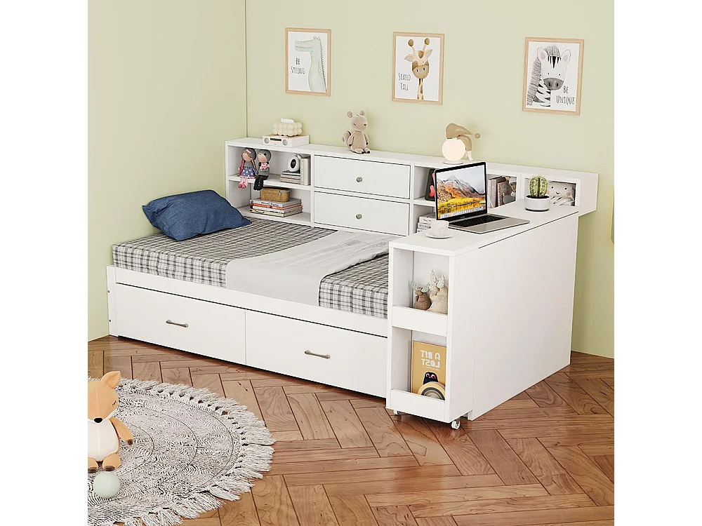 Lit combiné en bois 90x200 cm rangement multifonctionnel compartiments cachés 2 grands tiroirs prise multifonctionnelle bureau coulissant blanc