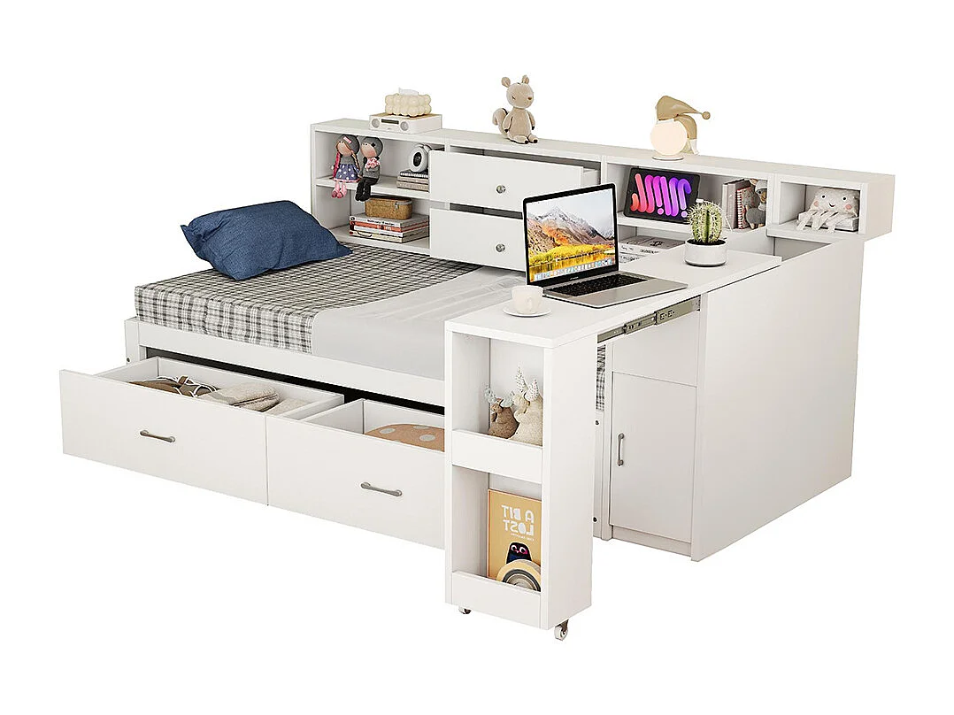 Lit combiné en bois 90x200 cm rangement multifonctionnel compartiments cachés 2 grands tiroirs prise multifonctionnelle bureau coulissant blanc