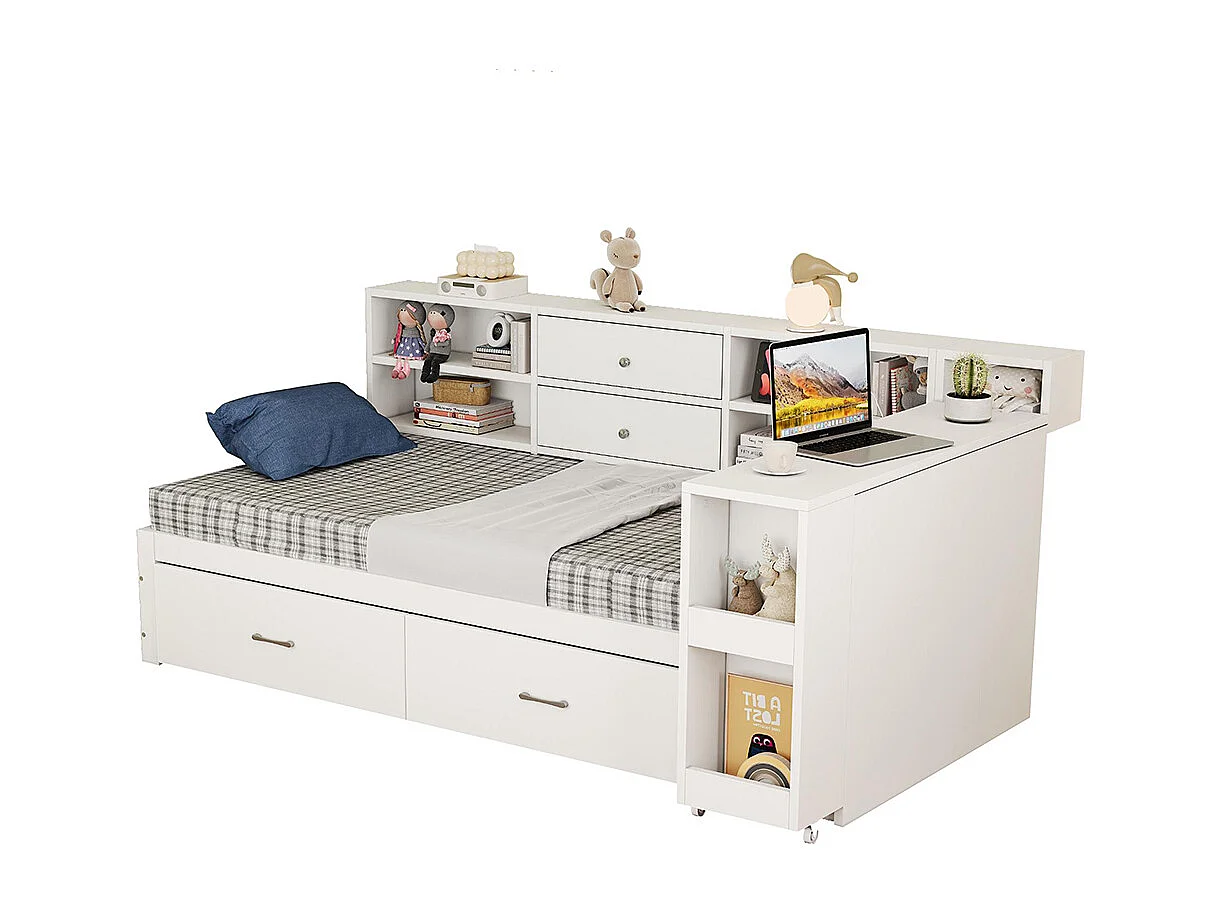 Lit combiné en bois 90x200 cm rangement multifonctionnel compartiments cachés 2 grands tiroirs prise multifonctionnelle bureau coulissant blanc