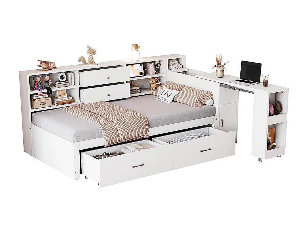 Lit combiné en bois 90x200 cm rangement multifonctionnel compartiments cachés 2 grands tiroirs prise multifonctionnelle bureau coulissant blanc