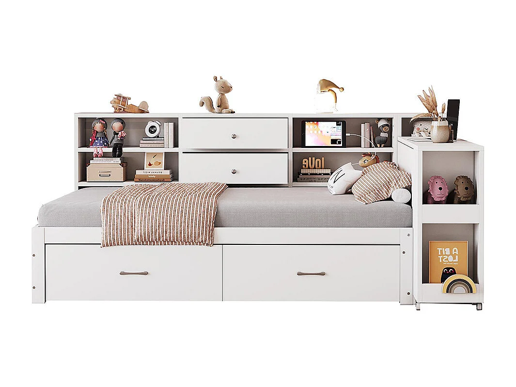 Lit combiné en bois 90x200 cm rangement multifonctionnel compartiments cachés 2 grands tiroirs prise multifonctionnelle bureau coulissant blanc