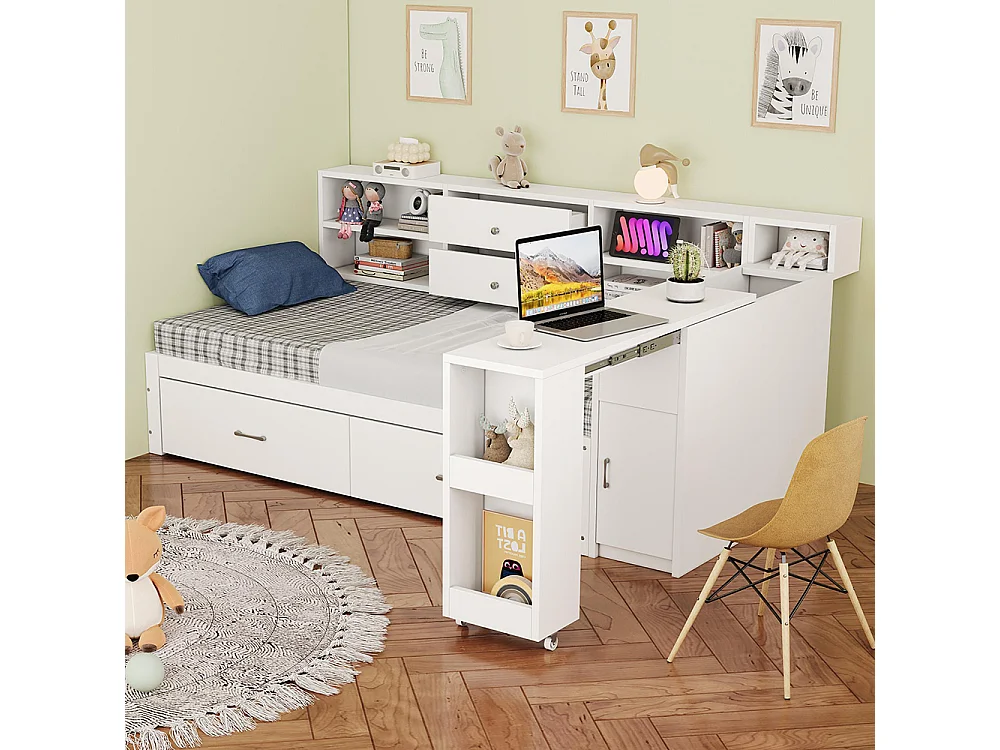 Lit combiné en bois 90x200 cm rangement multifonctionnel compartiments cachés 2 grands tiroirs prise multifonctionnelle bureau coulissant blanc