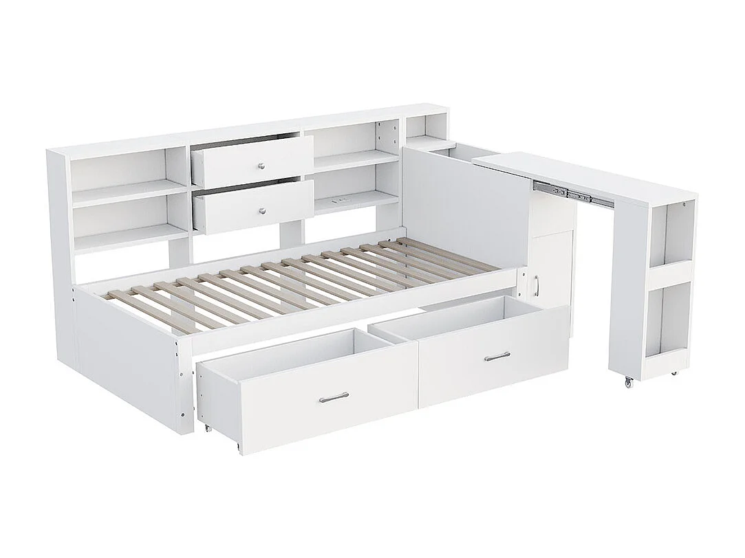 Lit combiné en bois 90x200 cm rangement multifonctionnel compartiments cachés 2 grands tiroirs prise multifonctionnelle bureau coulissant blanc