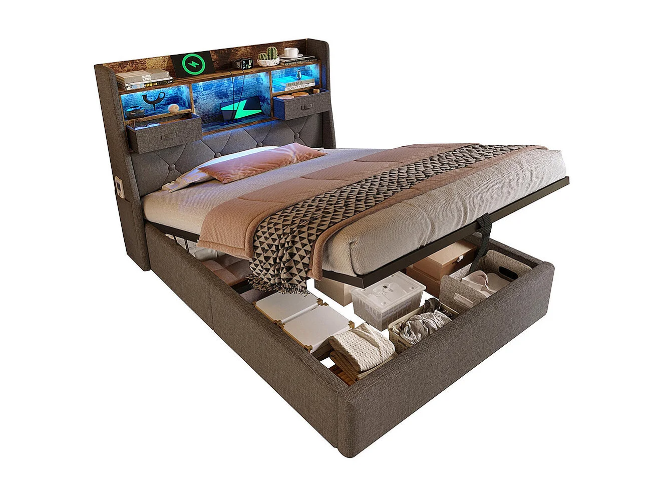 Lit coffre rembourré 90x200 cm espace rangement hydraulique tête lit LED 4 stations recharge USB Type-C simple sommier lattes tissu lin gris