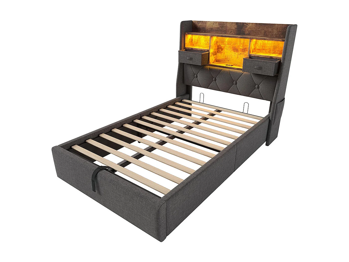 Lit coffre rembourré 90x200 cm espace rangement hydraulique tête lit LED 4 stations recharge USB Type-C simple sommier lattes tissu lin gris